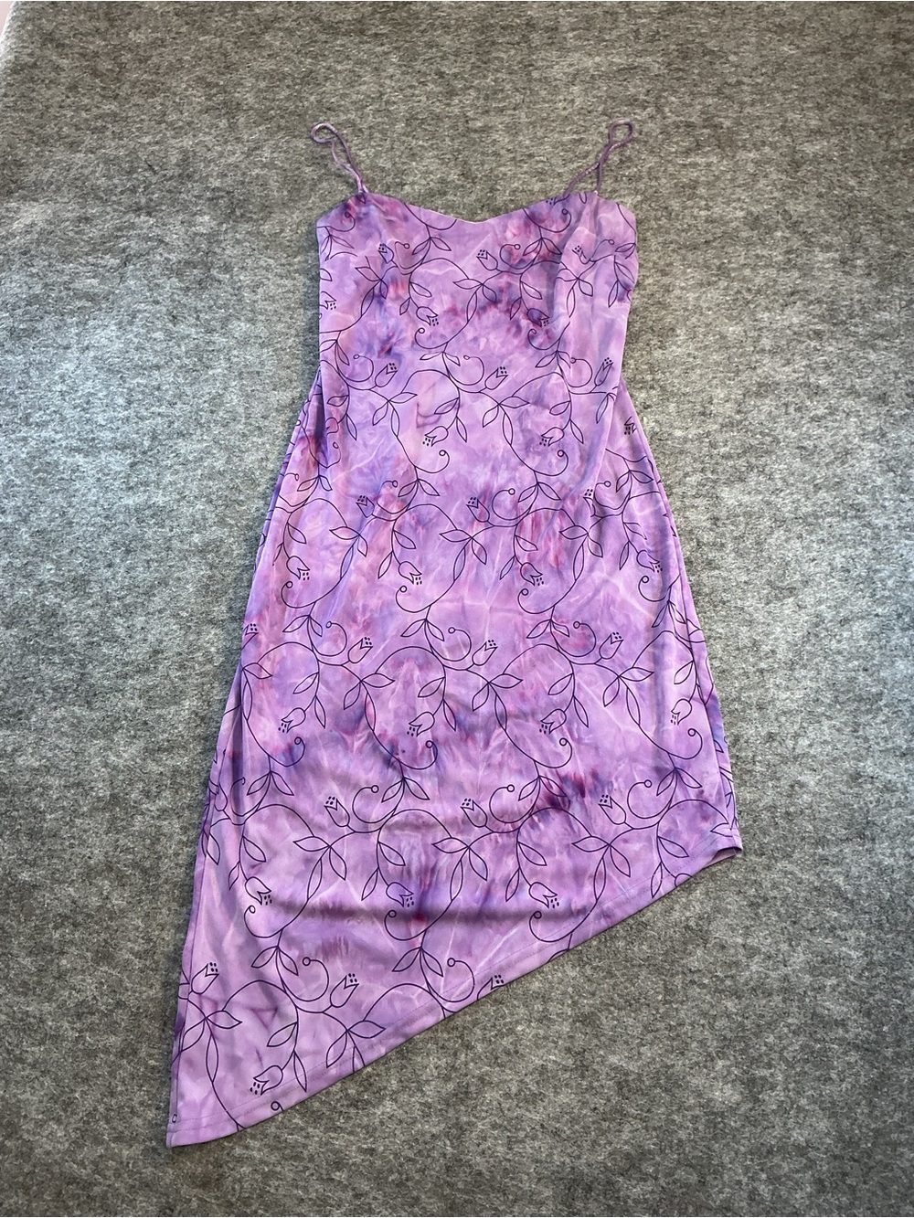 Purple Tie Dye Floral Slip Midi Dress with Asymmetric Hem Best Fits M